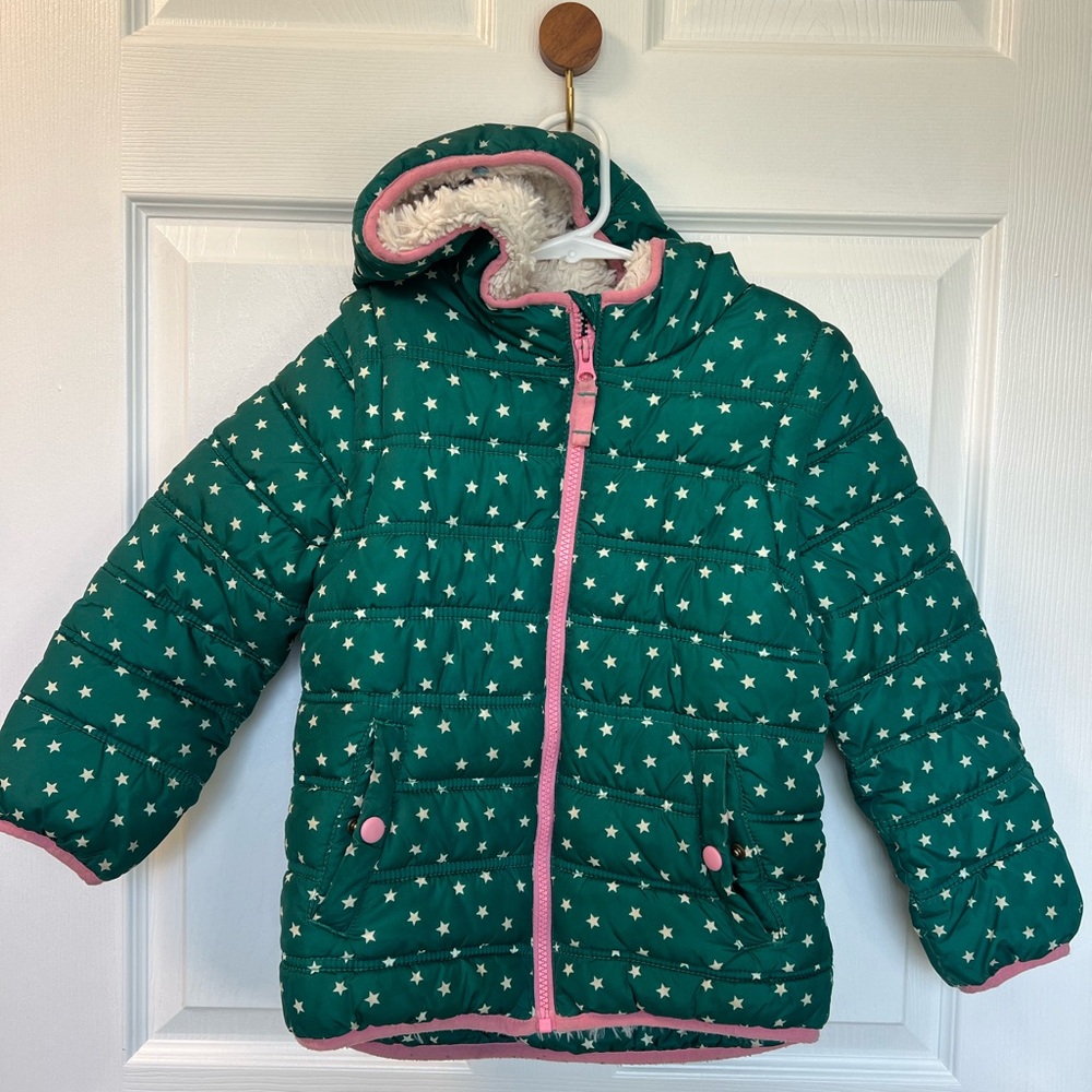 Mini Boden Green Star Patterned Puffer Jacket - detachable sleeves to make vest